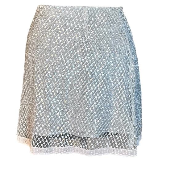 Y2K Rebecca Taylor Fairy Glam Mermaid Silver Sequin Mesh Silk Disco Mini Skirt 8 - Picture 1 of 4